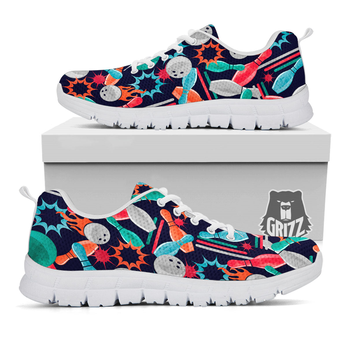 Bowling Theme Watercolor Print Pattern White Sneaker-grizzshop