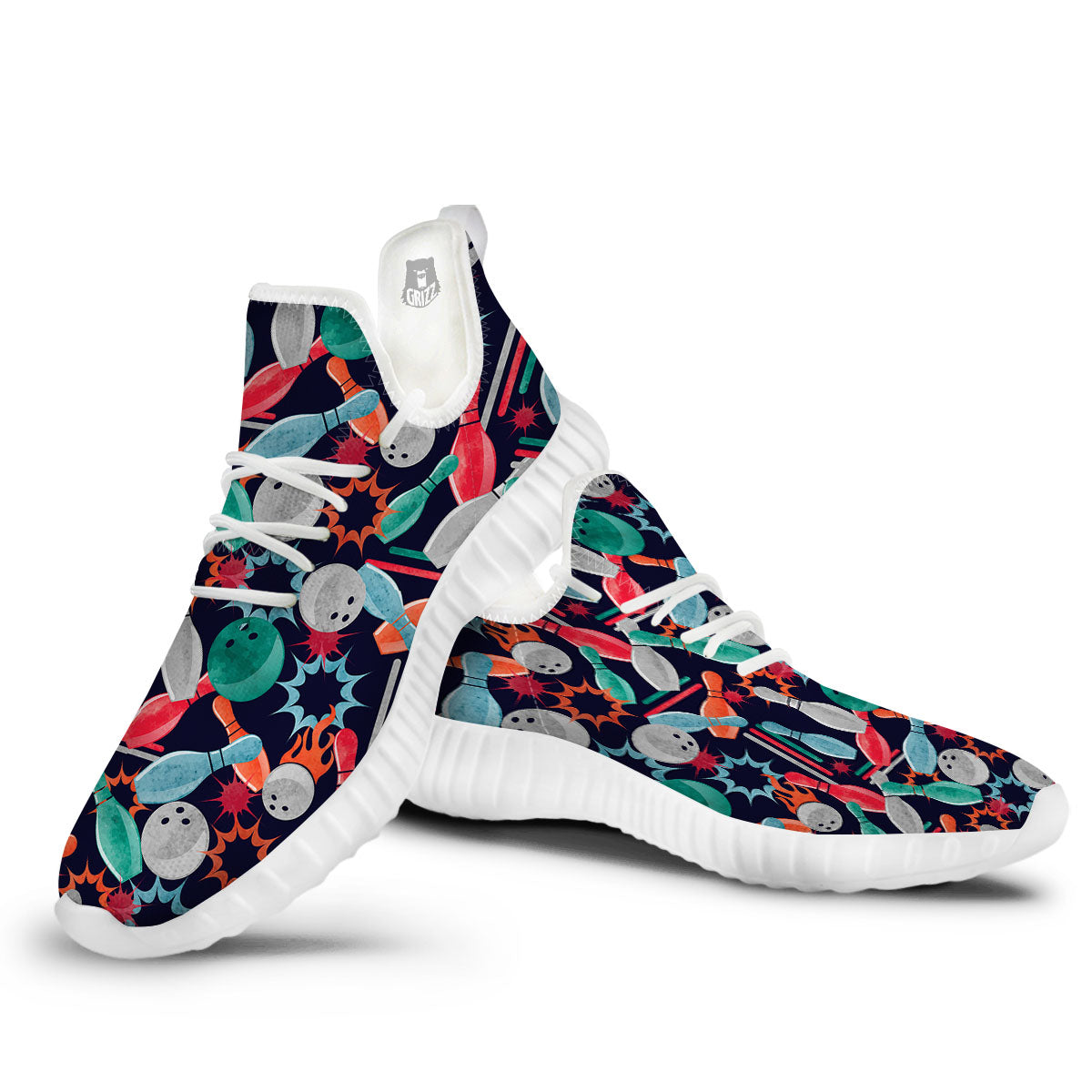 Bowling Theme Watercolor Print Pattern White Walking Shoes-grizzshop