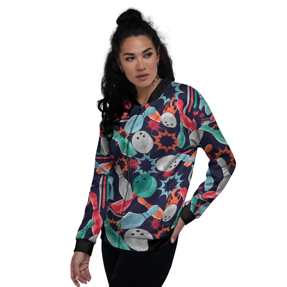 Bowling Theme Watercolor Print Pattern Women's Bomber Jacket-grizzshop