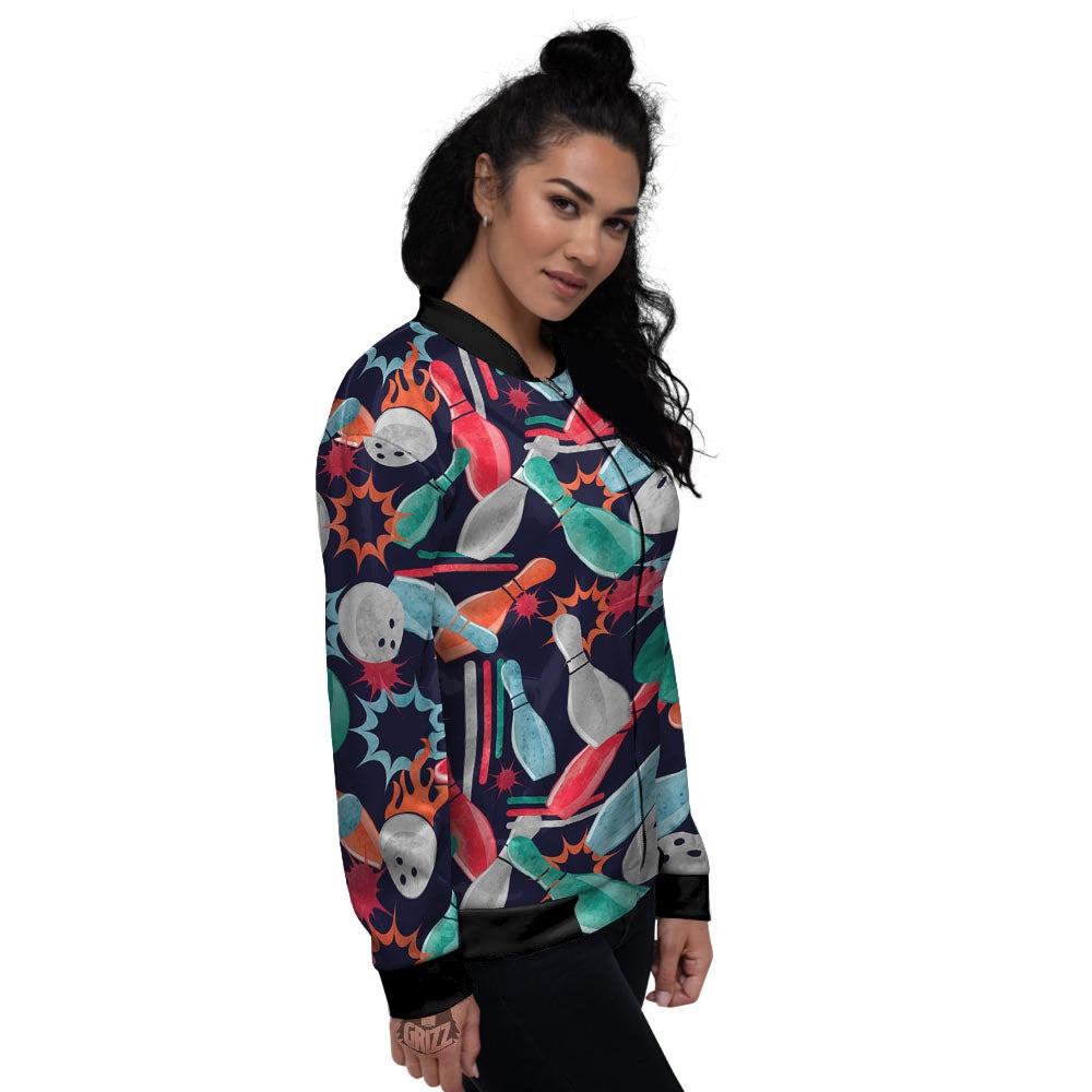 Bowling Theme Watercolor Print Pattern Women's Bomber Jacket-grizzshop