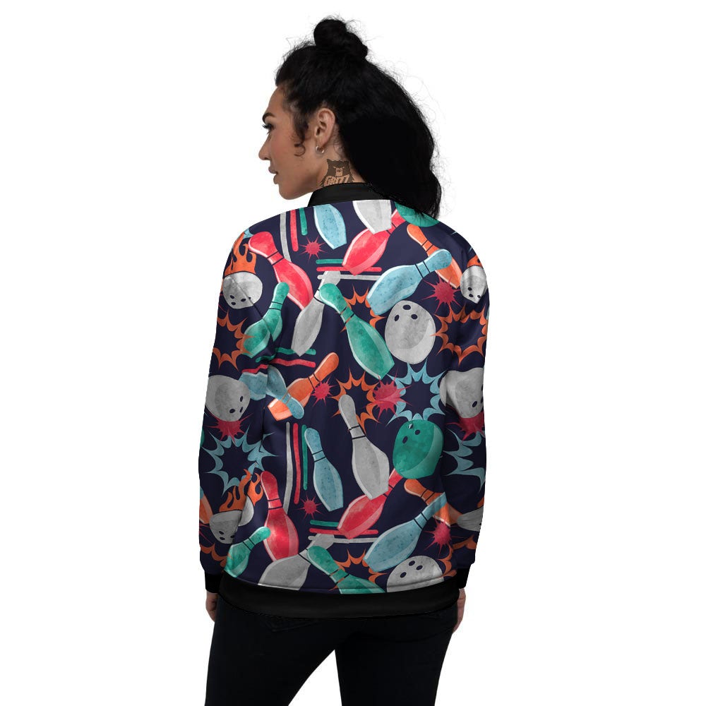 Bowling Theme Watercolor Print Pattern Women's Bomber Jacket-grizzshop