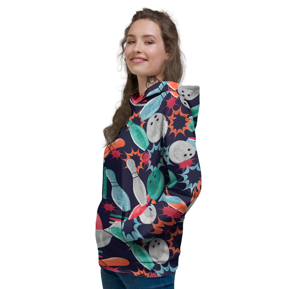 Bowling Theme Watercolor Print Pattern Women's Hoodie-grizzshop