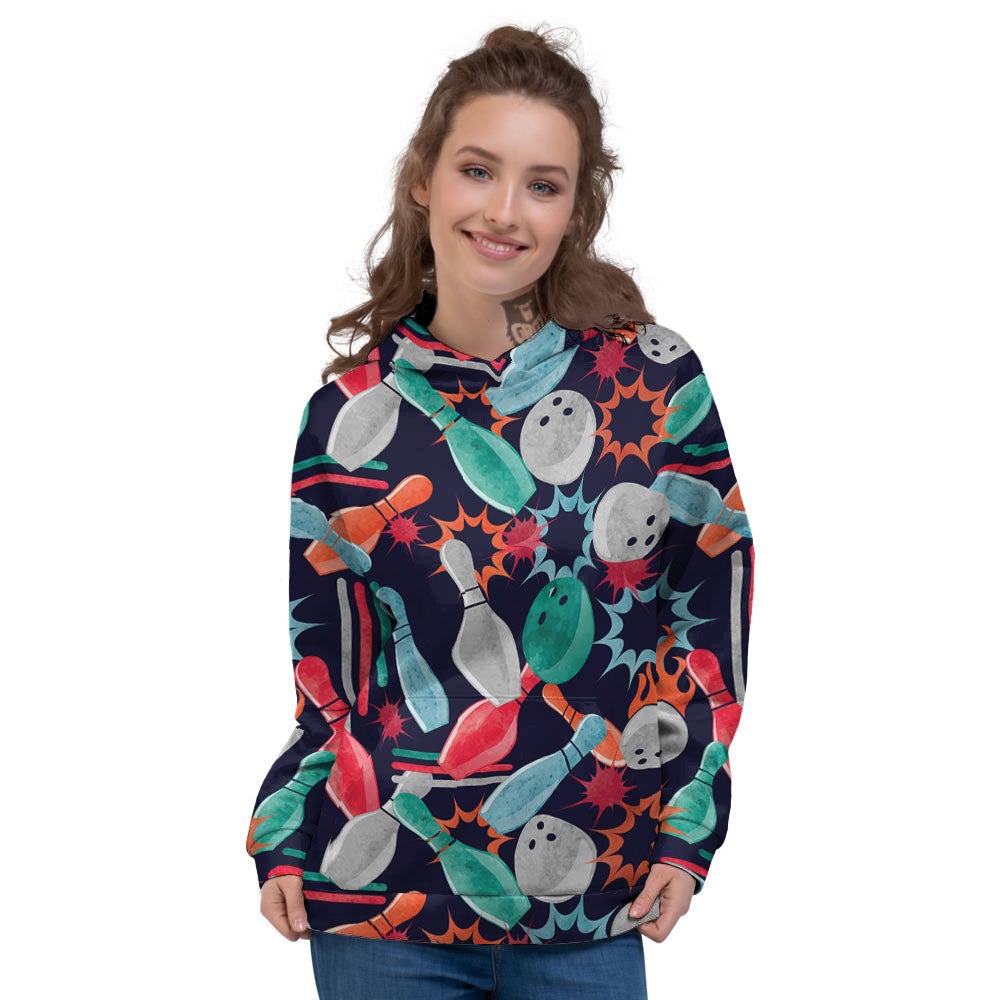 Bowling Theme Watercolor Print Pattern Women's Hoodie-grizzshop