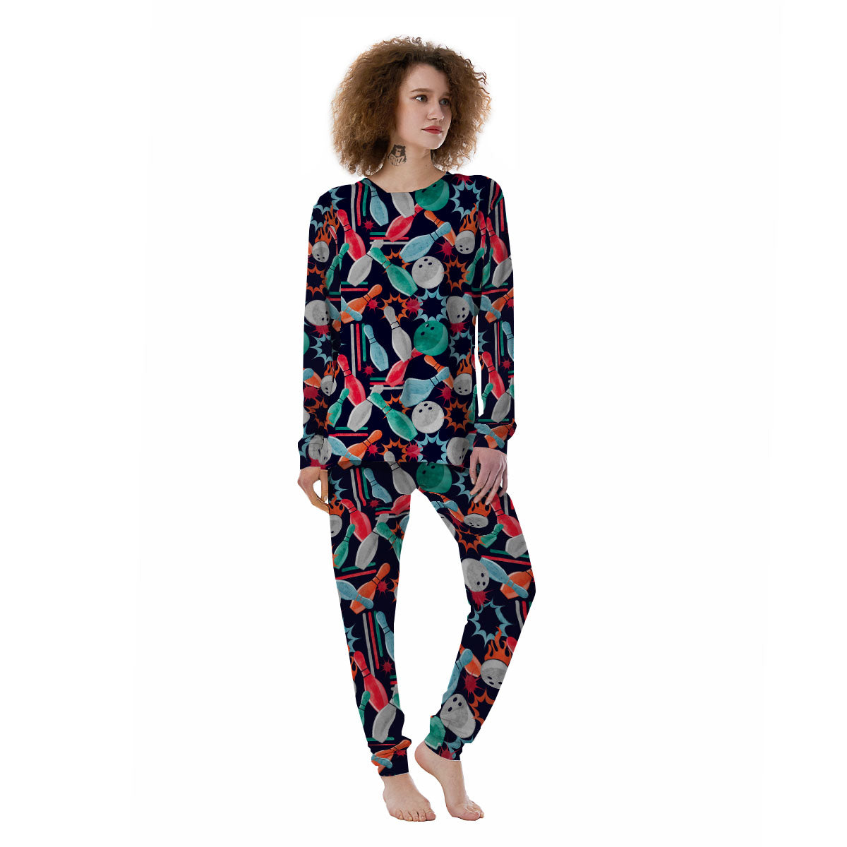Bowling Theme Watercolor Print Pattern Women's Pajamas-grizzshop