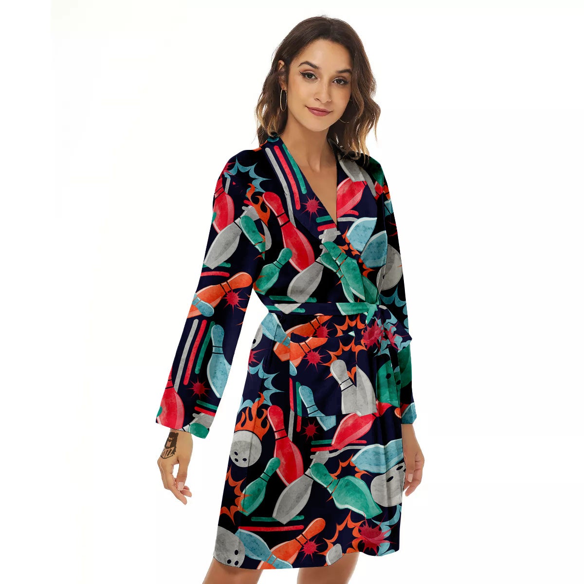 Bowling Theme Watercolor Print Pattern Women's Robe-grizzshop