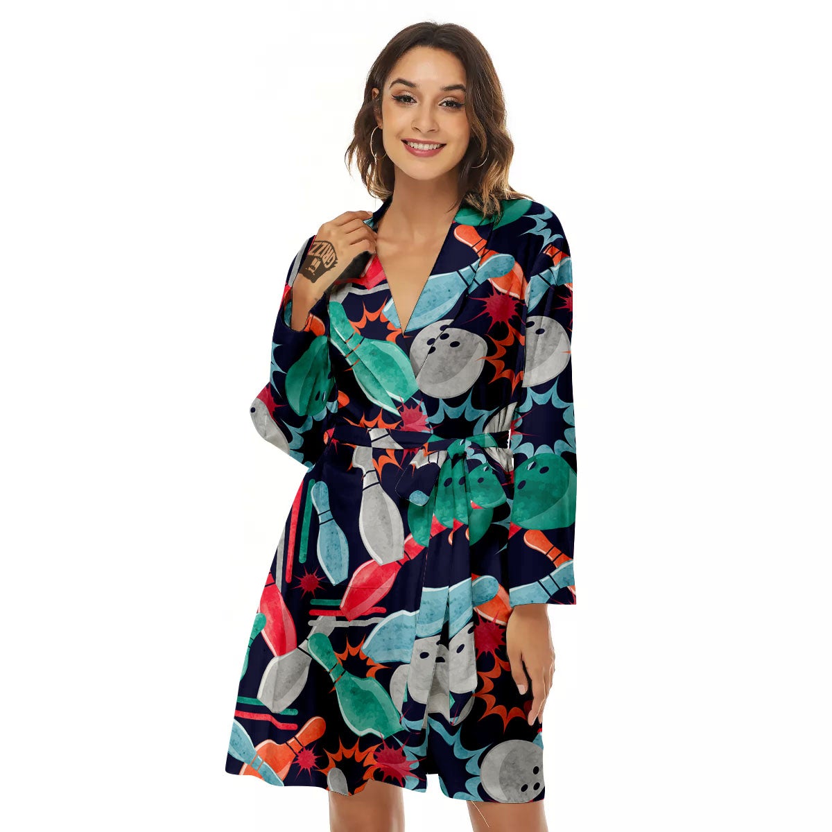 Bowling Theme Watercolor Print Pattern Women's Robe-grizzshop
