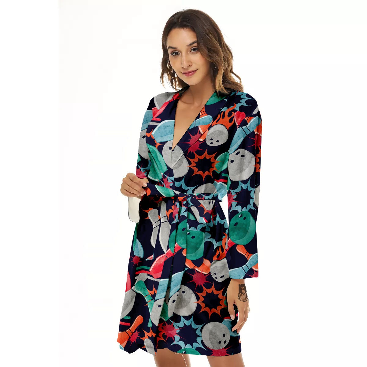 Bowling Theme Watercolor Print Pattern Women's Robe-grizzshop