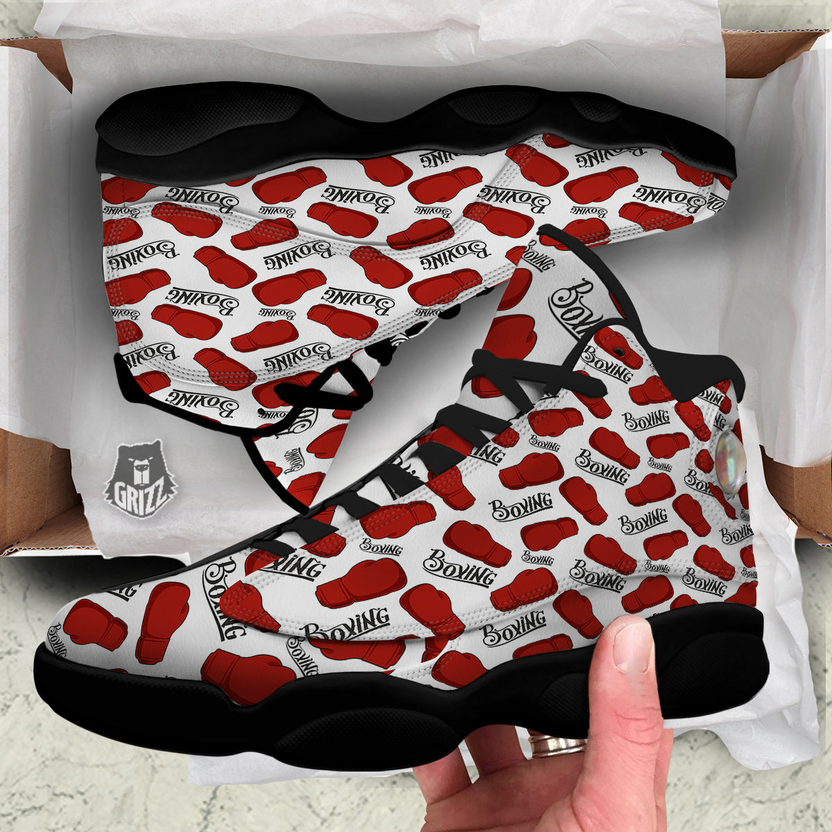 Boxing Glove And Text Print Pattern Black Basketball Shoes-grizzshop