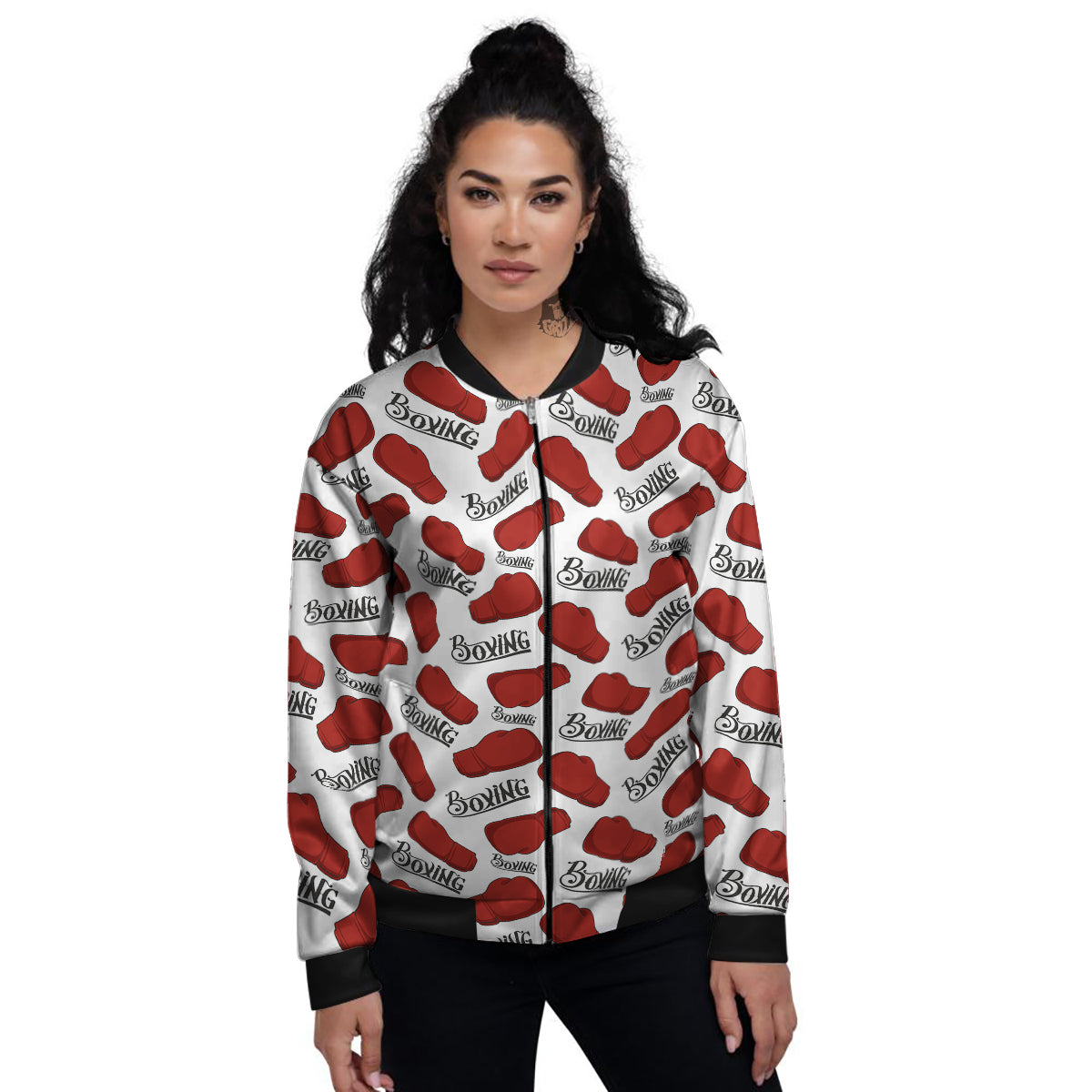 Boxing Glove And Text Print Pattern Women's Bomber Jacket-grizzshop