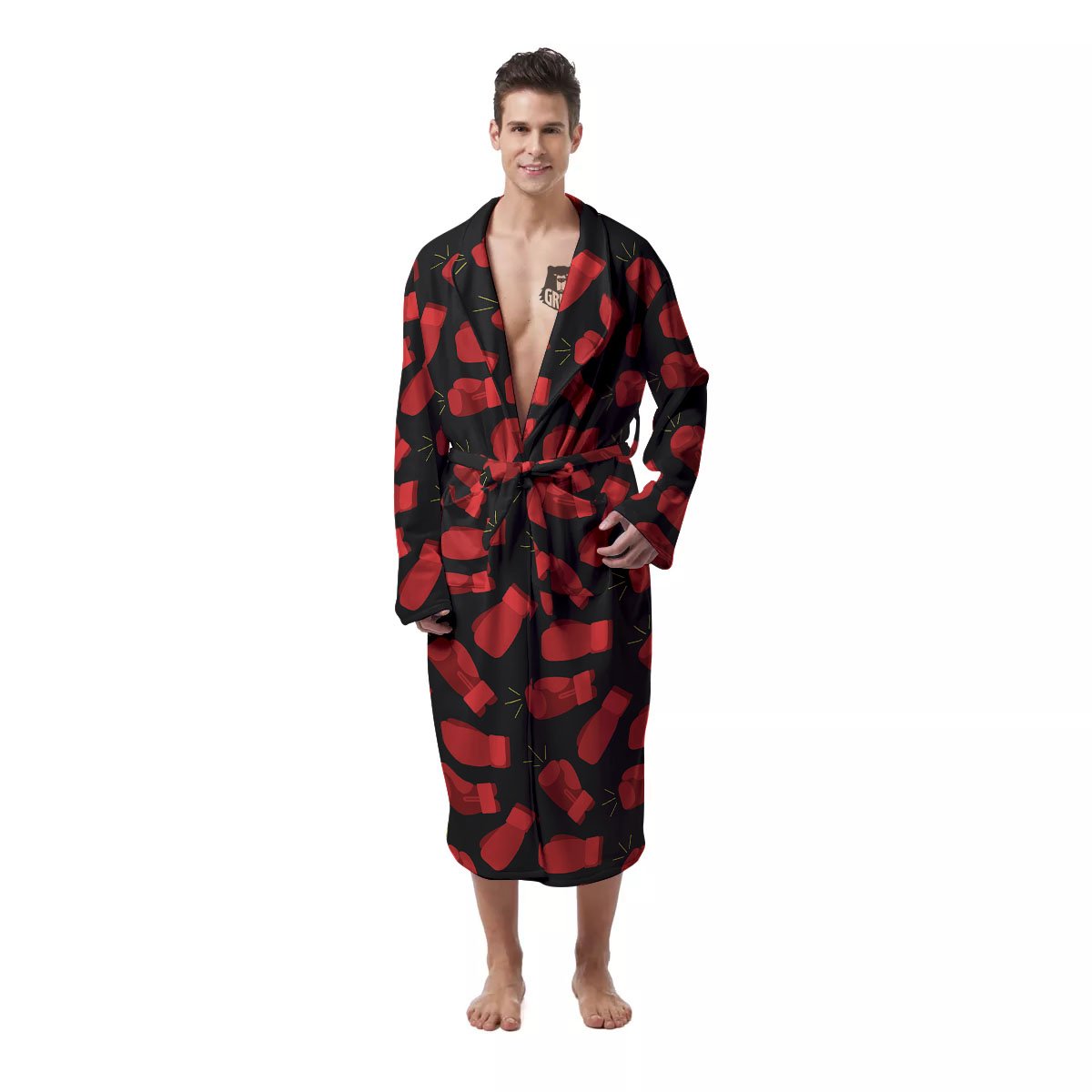 Boxing Gloves Red Print Pattern Men's Robe-grizzshop