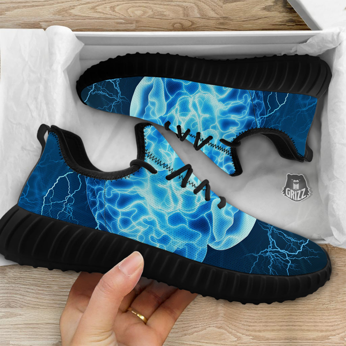 Brain Activity Blue Electrical Print Black Walking Shoes-grizzshop