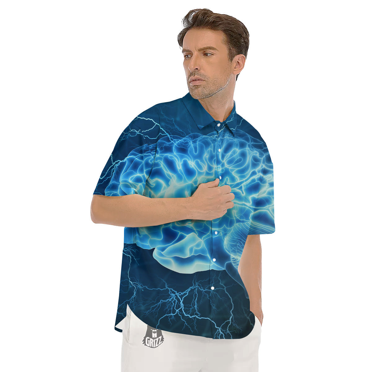 Brain Activity Blue Electrical Print Men's Short Sleeve Shirts-grizzshop