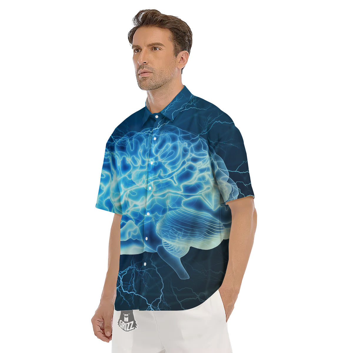 Brain Activity Blue Electrical Print Men's Short Sleeve Shirts-grizzshop