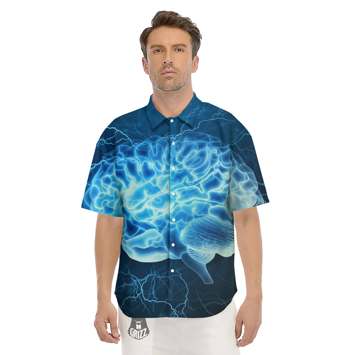 Brain Activity Blue Electrical Print Men's Short Sleeve Shirts-grizzshop