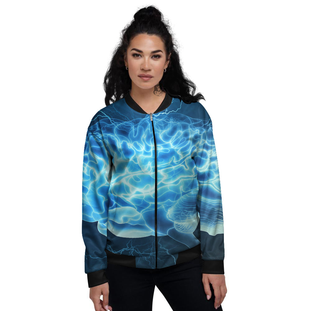 Brain Activity Blue Electrical Print Women's Bomber Jacket-grizzshop