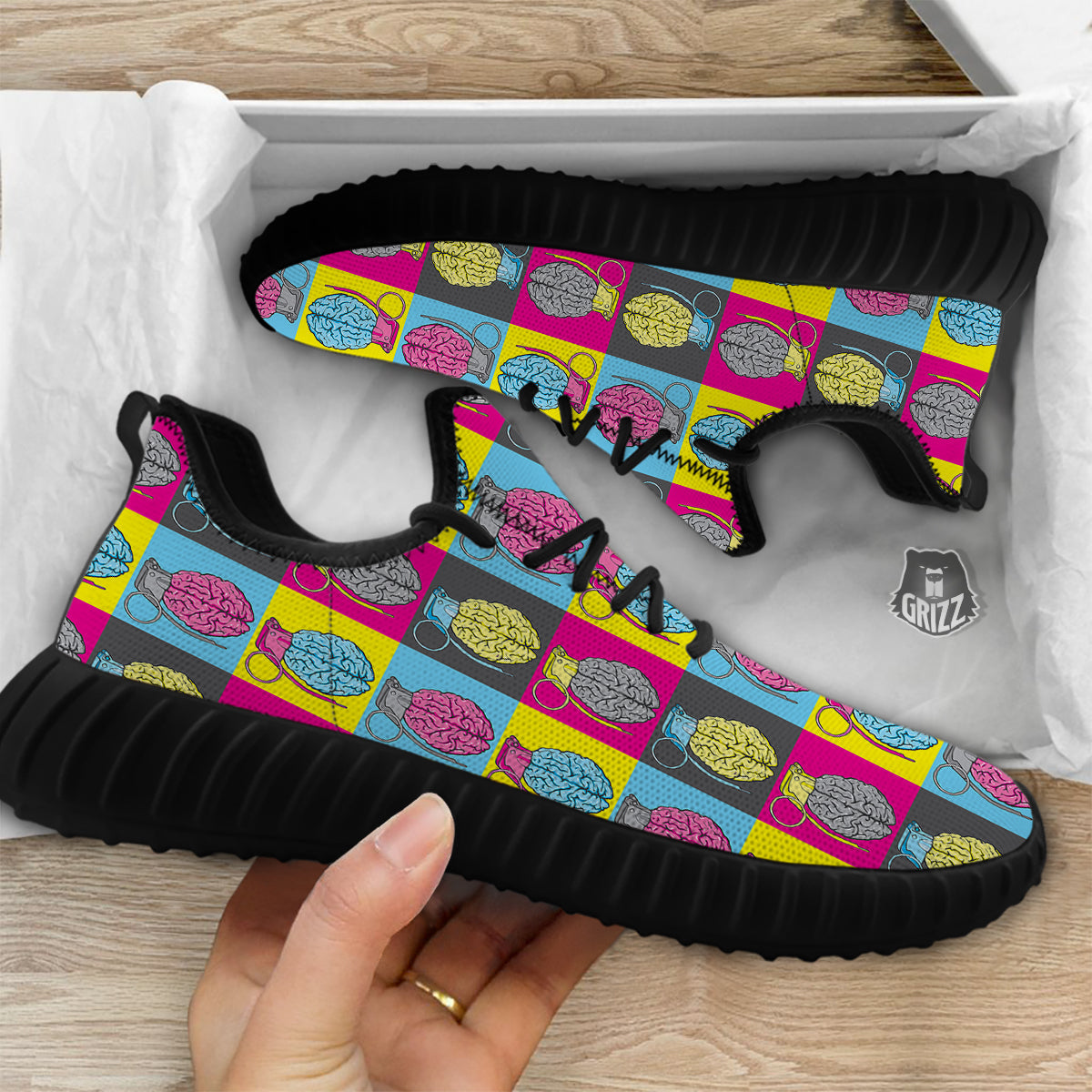 Brain Bomb Colorful Print Pattern Black Walking Shoes-grizzshop