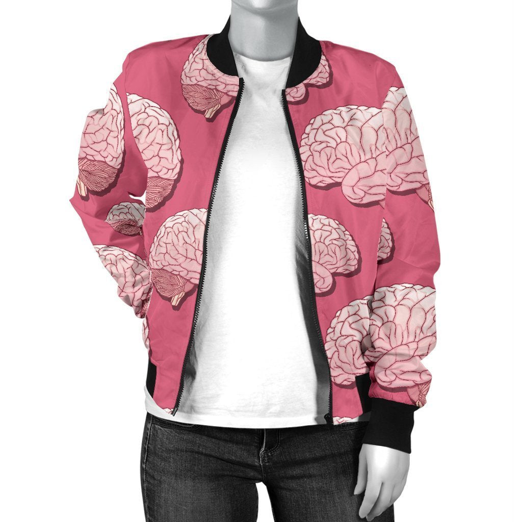 Brain Pink Pattern Print Women Casual Bomber Jacket-grizzshop