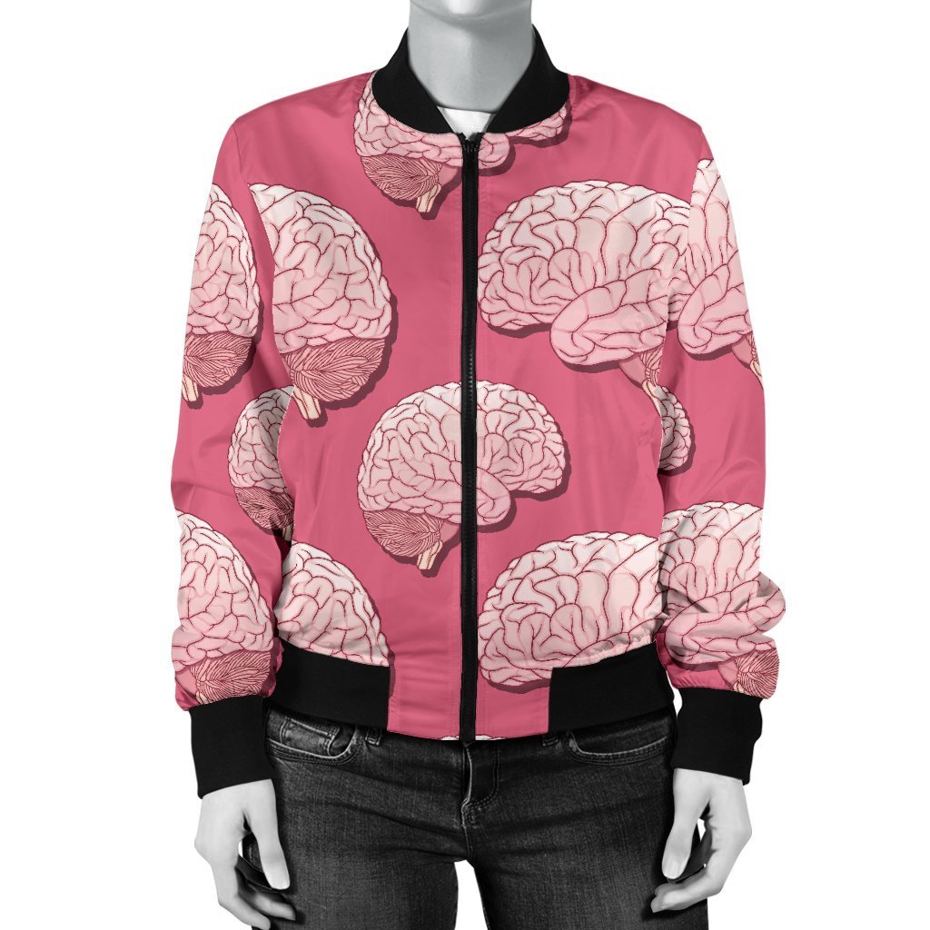 Brain Pink Pattern Print Women Casual Bomber Jacket-grizzshop