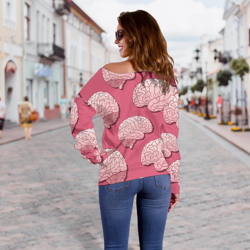 Brain Pink Pattern Print Women Off Shoulder Sweatshirt-grizzshop