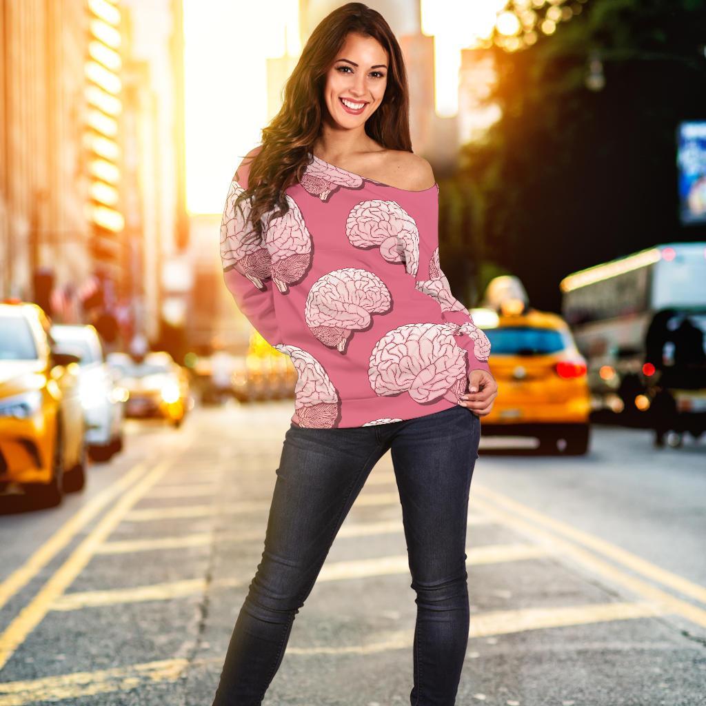 Brain Pink Pattern Print Women Off Shoulder Sweatshirt-grizzshop