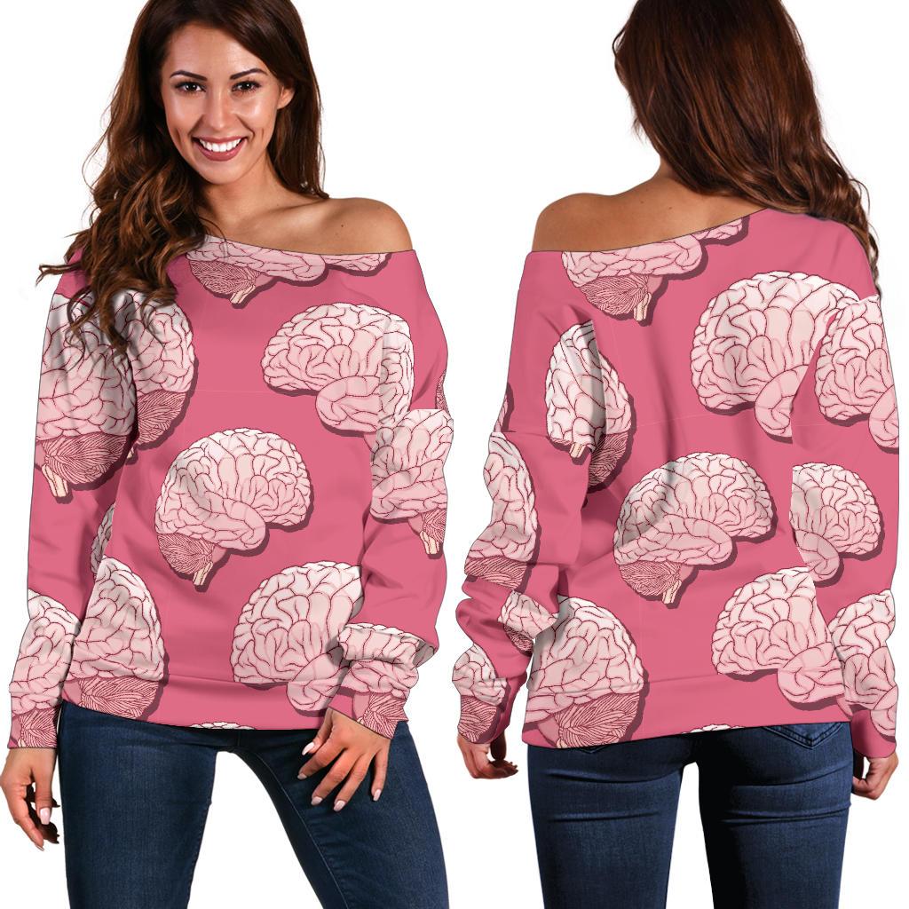 Brain Pink Pattern Print Women Off Shoulder Sweatshirt-grizzshop