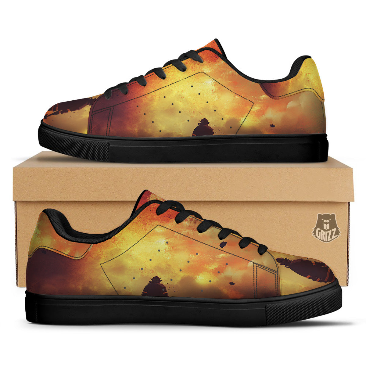 Brave Firefighter In The Fire Print Black Low Top Sneakers-grizzshop
