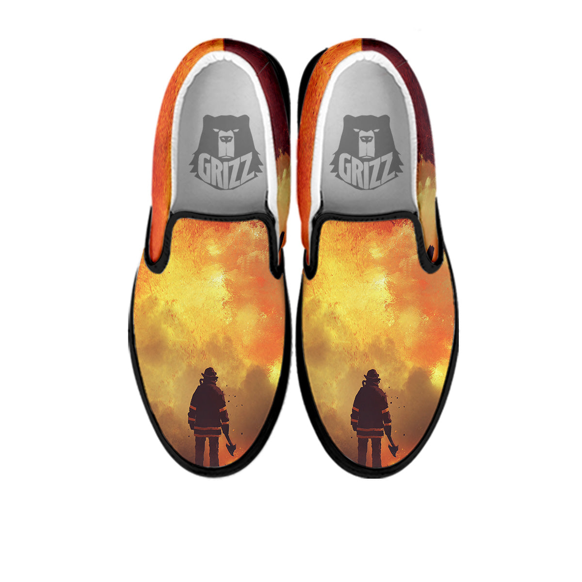 Brave Firefighter In The Fire Print Black Slip On Shoes-grizzshop