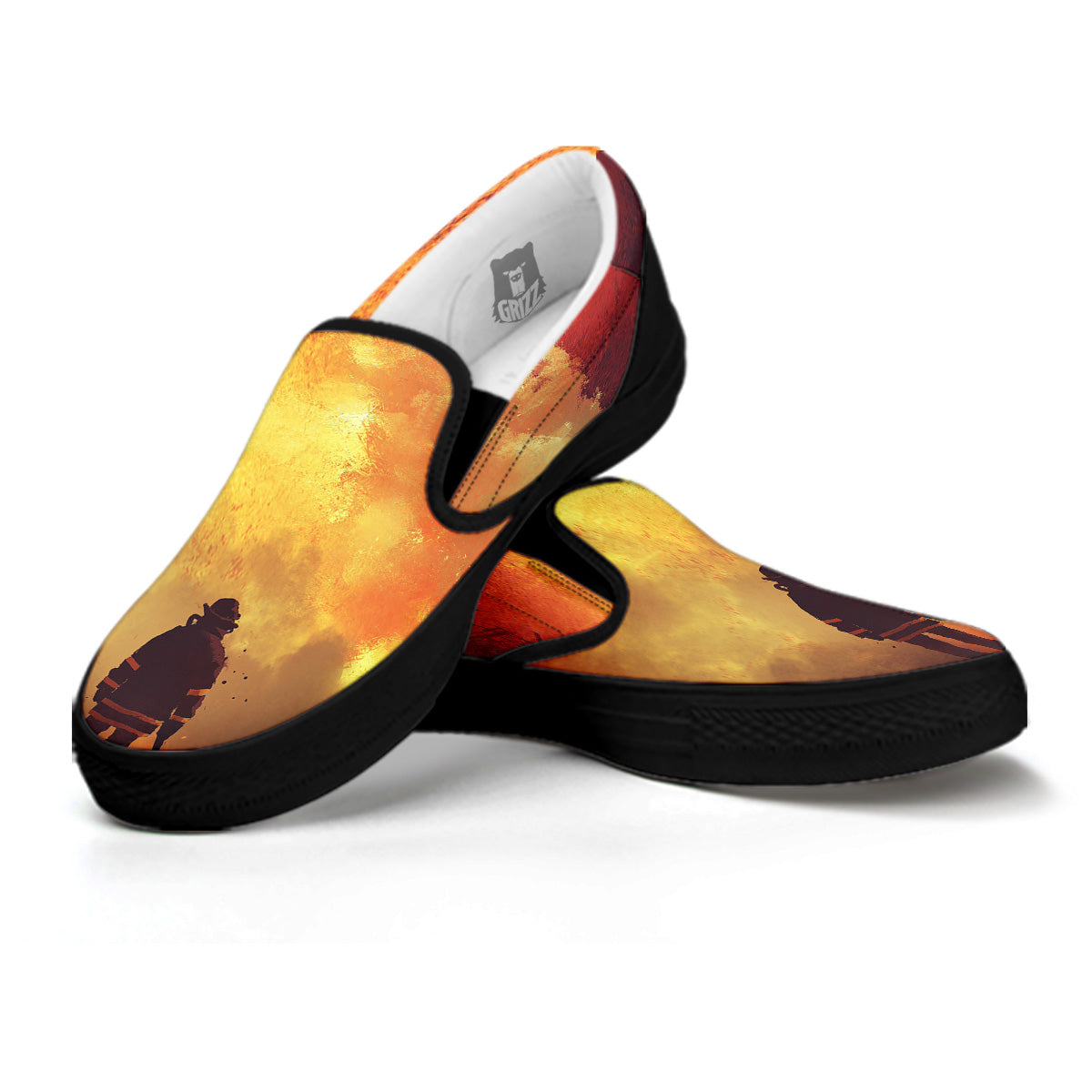 Brave Firefighter In The Fire Print Black Slip On Shoes-grizzshop