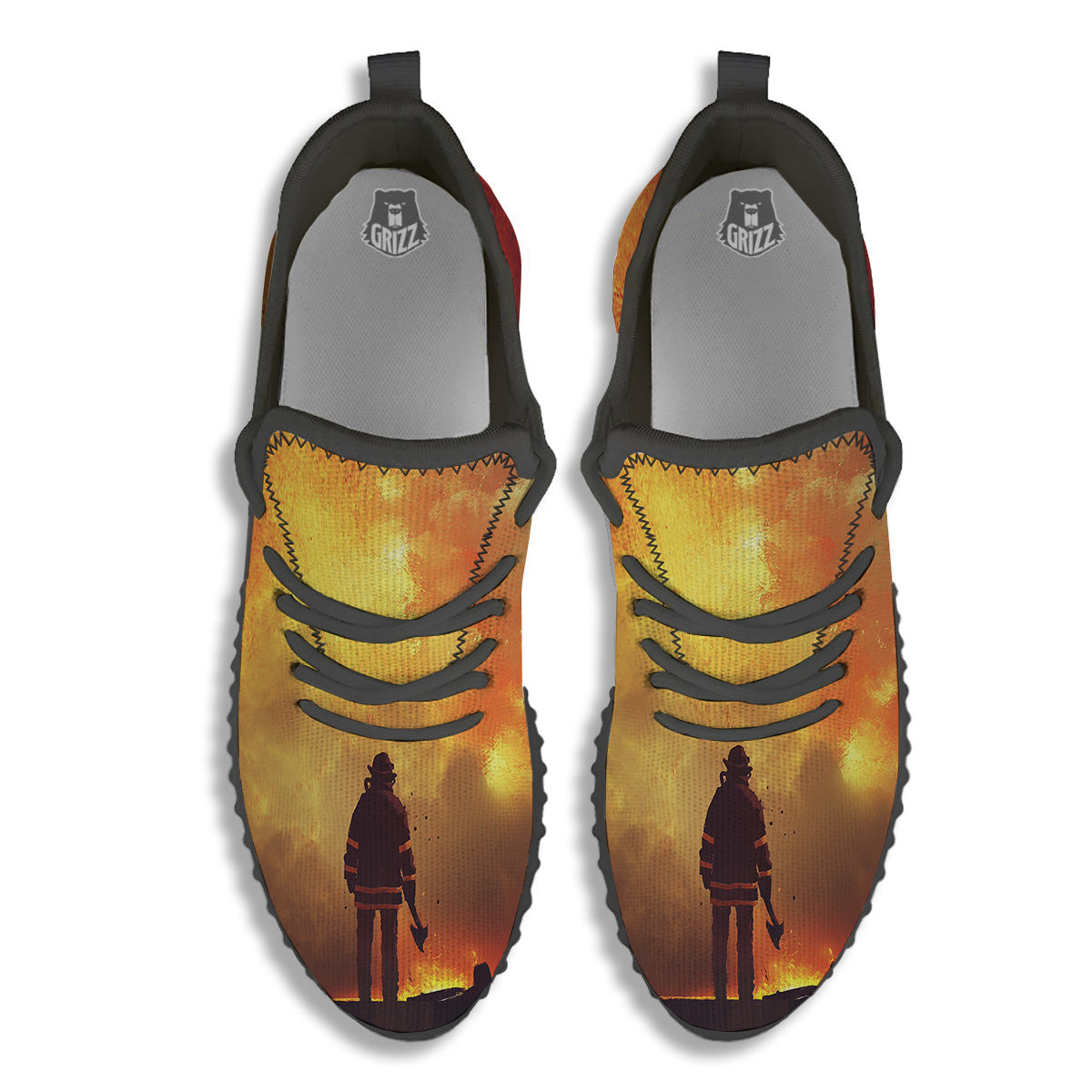 Brave Firefighter In The Fire Print Black Walking Shoes-grizzshop