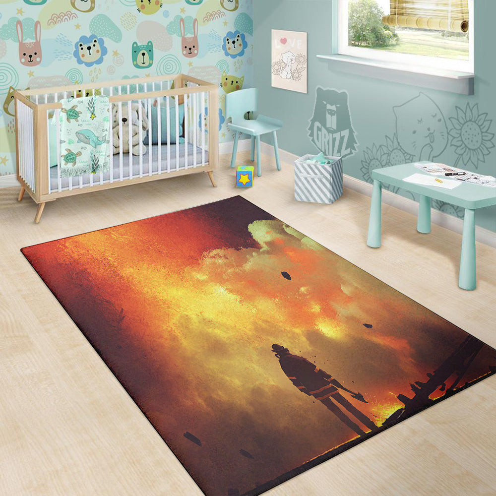 Brave Firefighter In The Fire Print Floor Mat-grizzshop