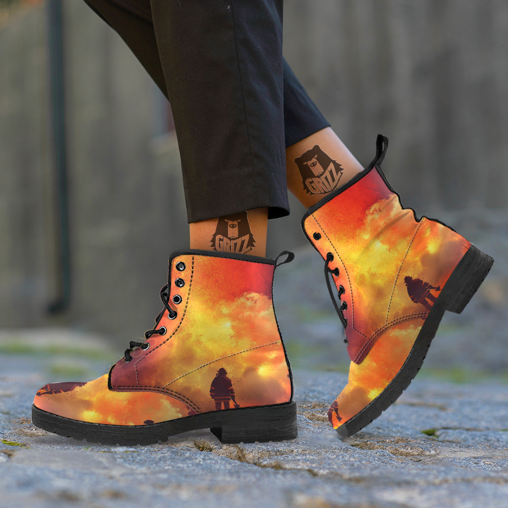 Brave Firefighter In The Fire Print Leather Boots-grizzshop