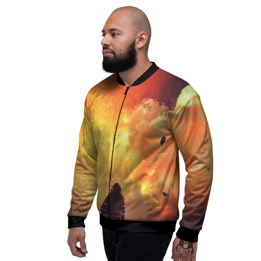 Brave Firefighter In The Fire Print Men's Bomber Jacket-grizzshop