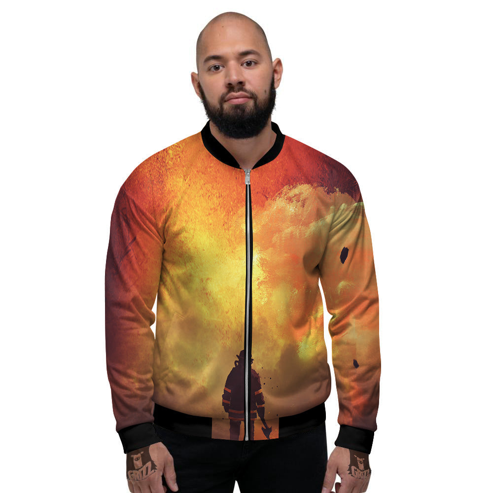 Brave Firefighter In The Fire Print Men's Bomber Jacket-grizzshop