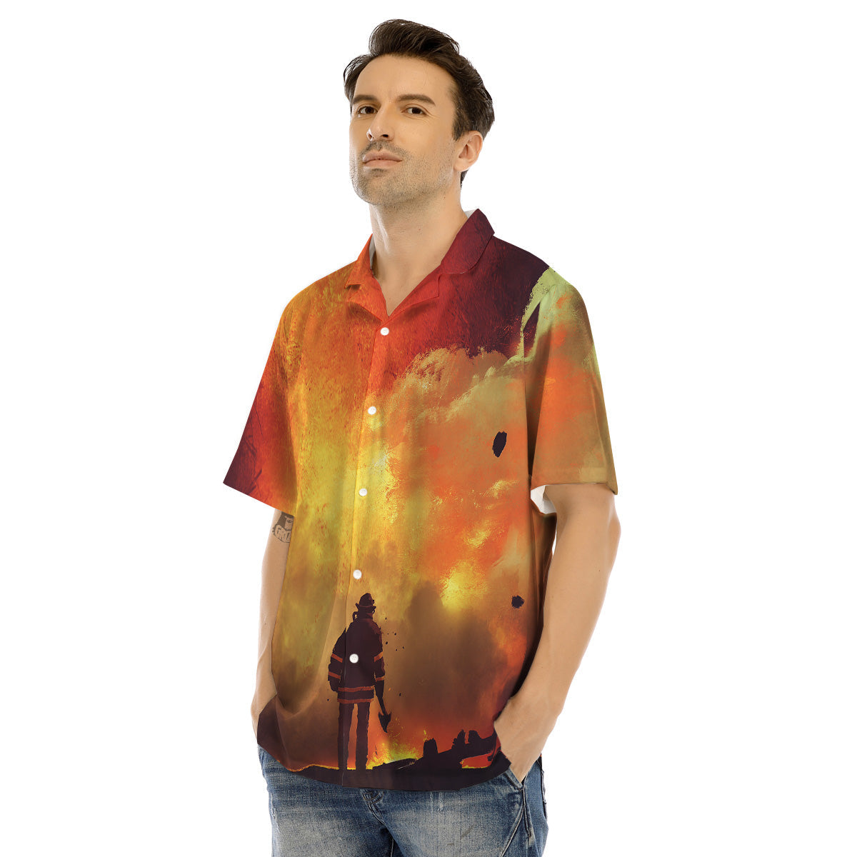 Brave Firefighter In The Fire Print Men's Hawaiian Shirt-grizzshop