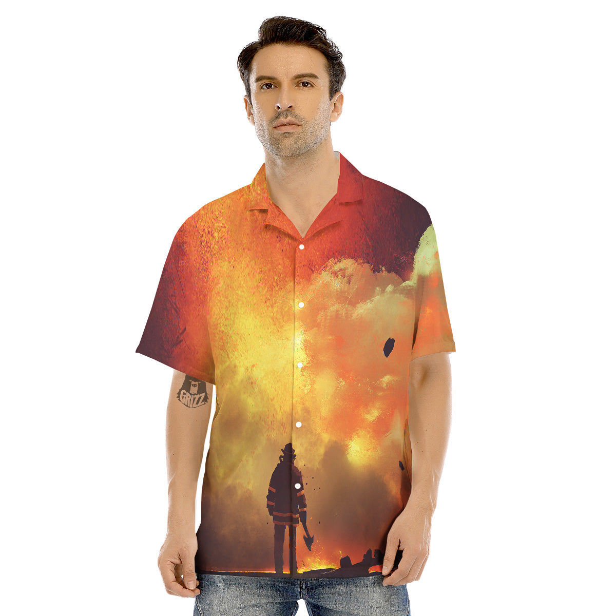 Brave Firefighter In The Fire Print Men's Hawaiian Shirt-grizzshop