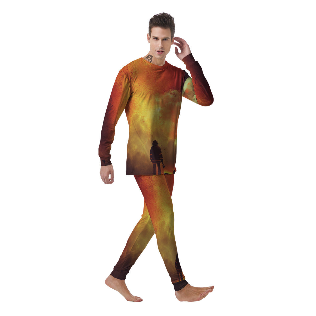 Brave Firefighter In The Fire Print Men's Pajamas-grizzshop