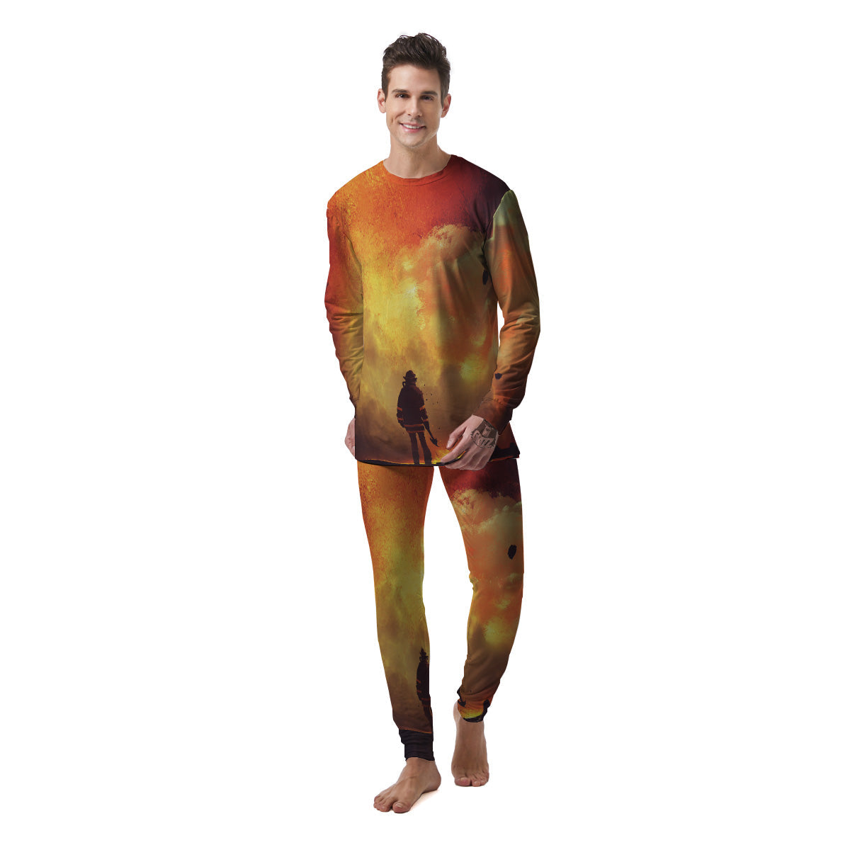 Brave Firefighter In The Fire Print Men's Pajamas-grizzshop