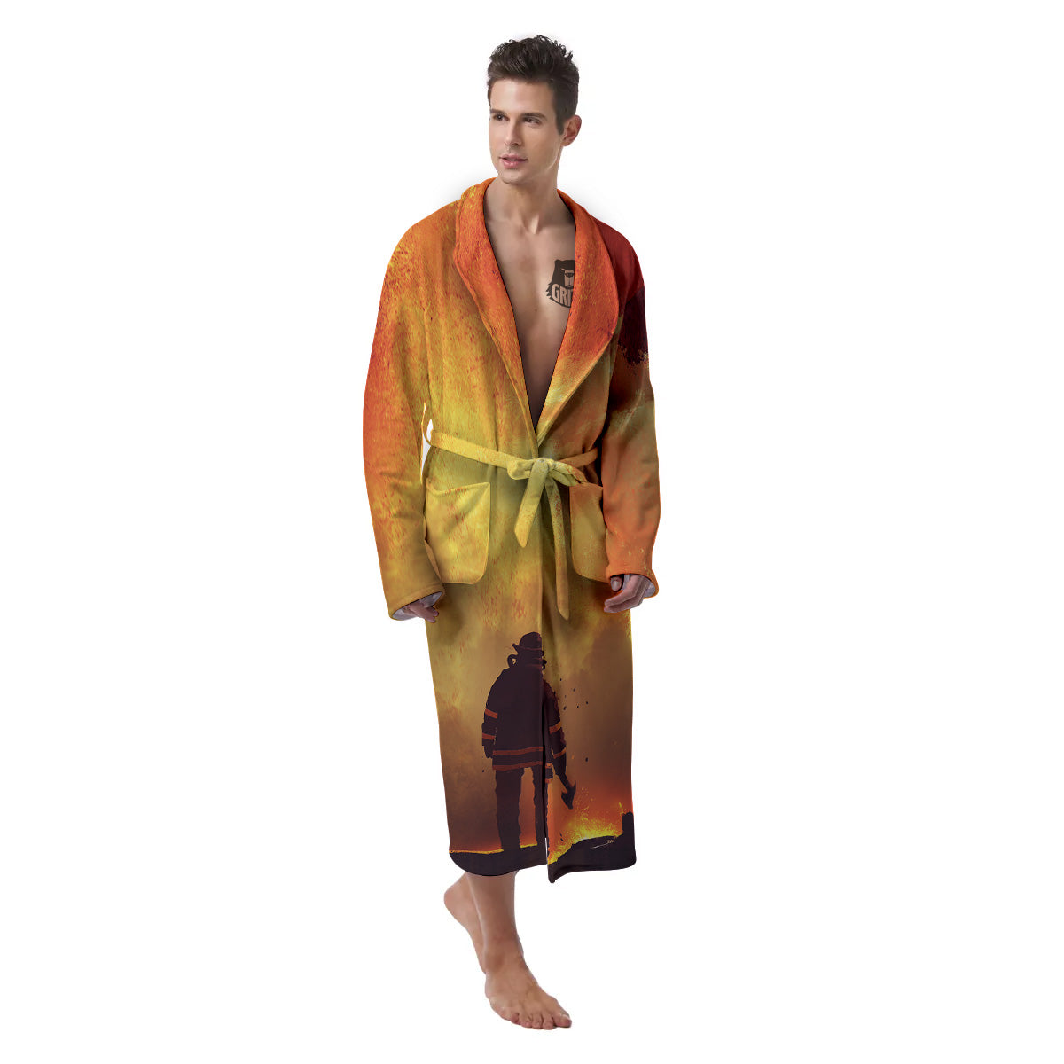 Brave Firefighter In The Fire Print Men's Robe-grizzshop