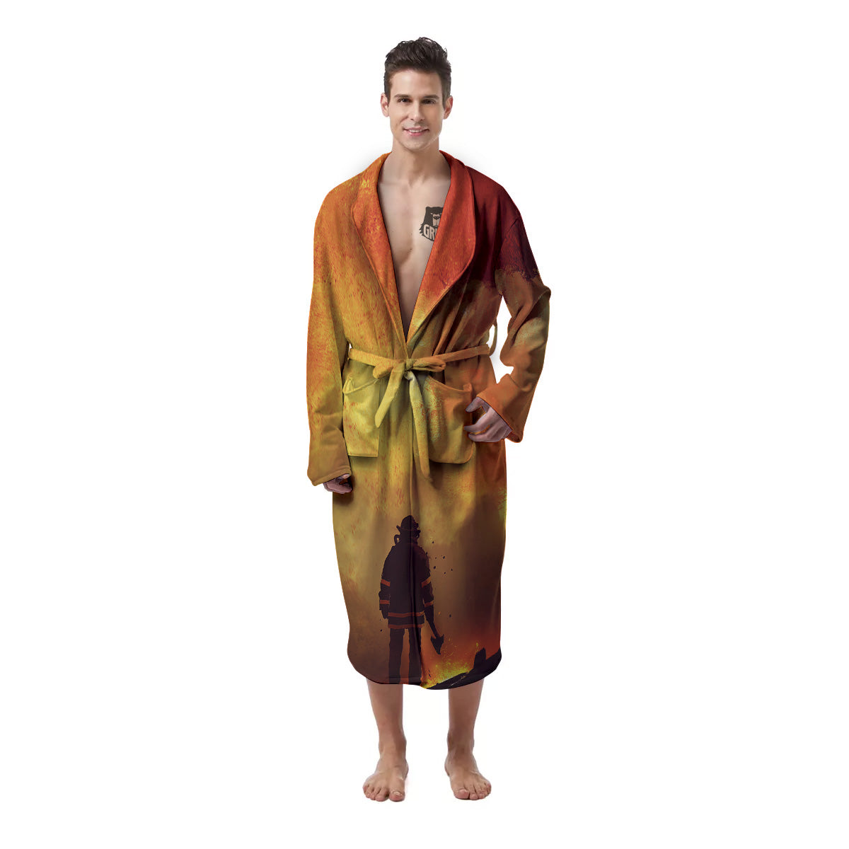 Brave Firefighter In The Fire Print Men's Robe-grizzshop