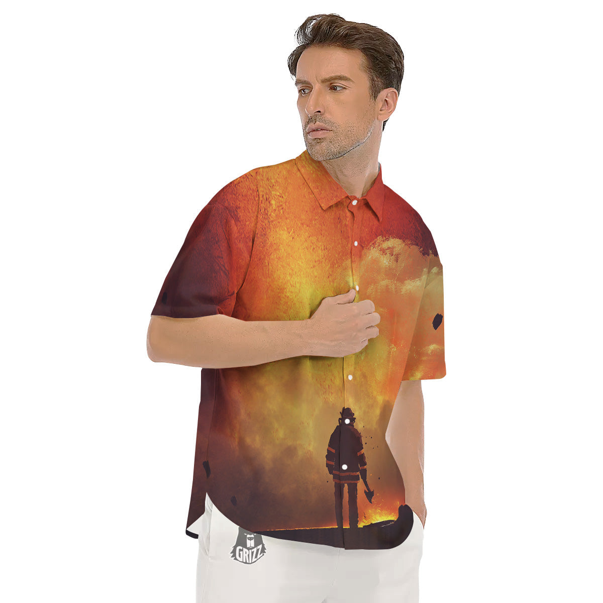 Brave Firefighter In The Fire Print Men's Short Sleeve Shirts-grizzshop