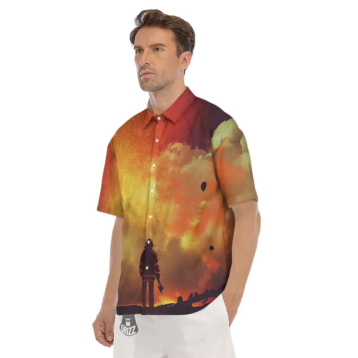 Brave Firefighter In The Fire Print Men's Short Sleeve Shirts-grizzshop