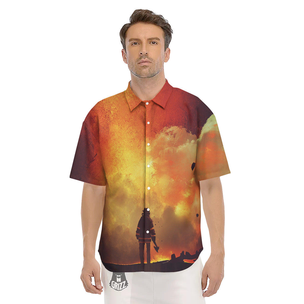 Brave Firefighter In The Fire Print Men's Short Sleeve Shirts-grizzshop