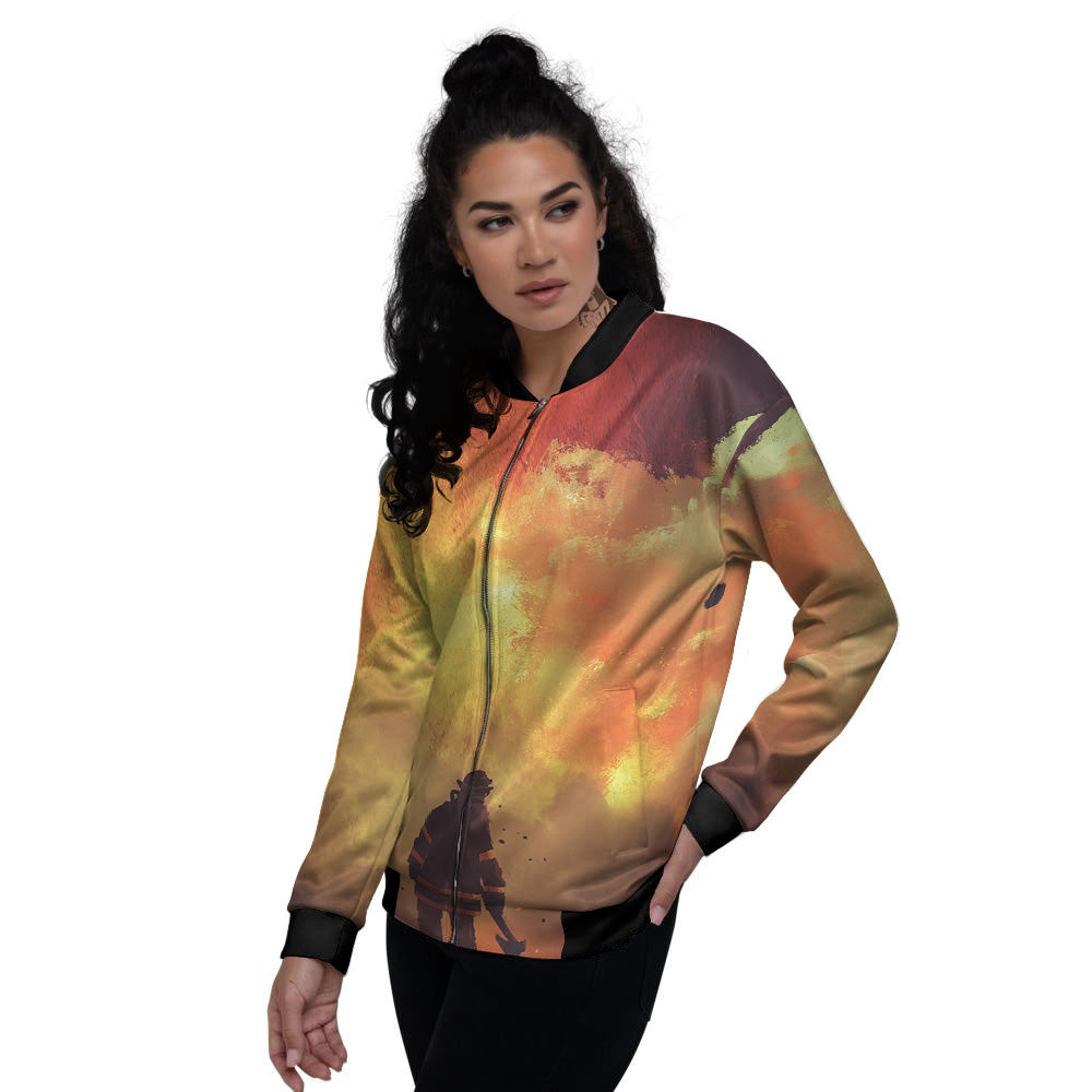 Brave Firefighter In The Fire Print Women's Bomber Jacket-grizzshop