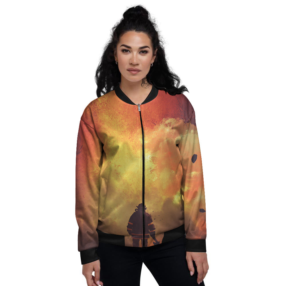 Brave Firefighter In The Fire Print Women's Bomber Jacket-grizzshop