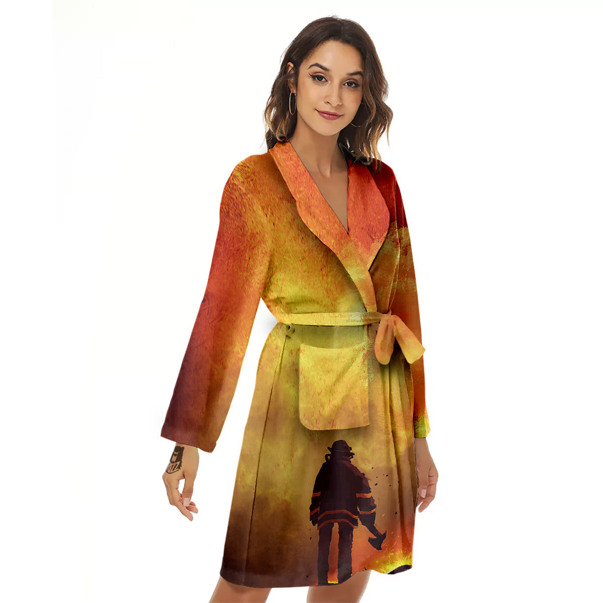 Brave Firefighter In The Fire Print Women's Robe-grizzshop