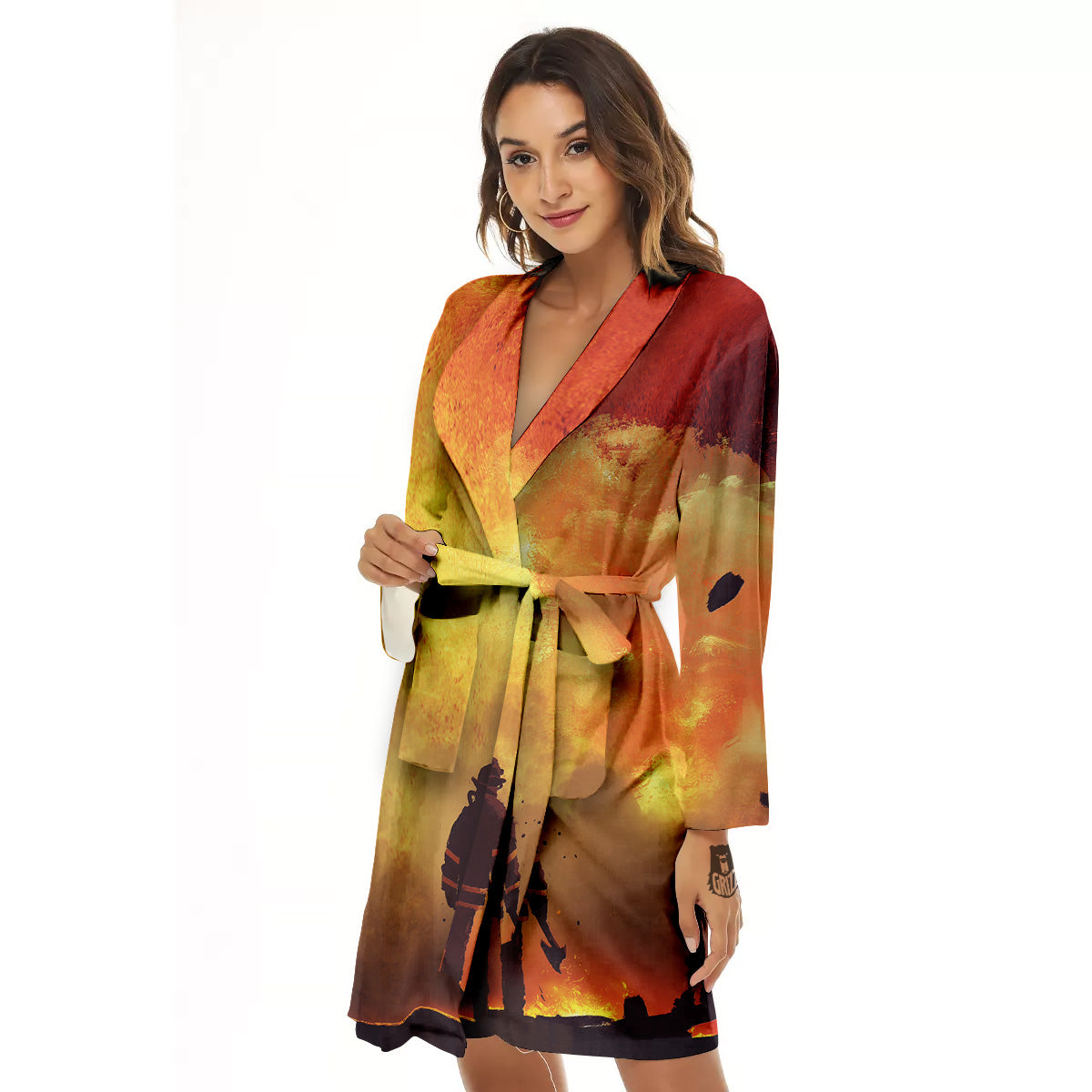 Brave Firefighter In The Fire Print Women's Robe-grizzshop