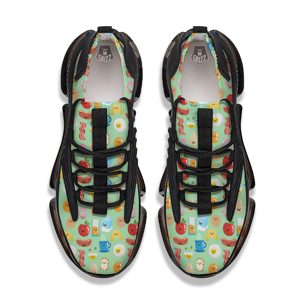 Breakfast Cartoon Print Pattern Black Gym Shoes-grizzshop