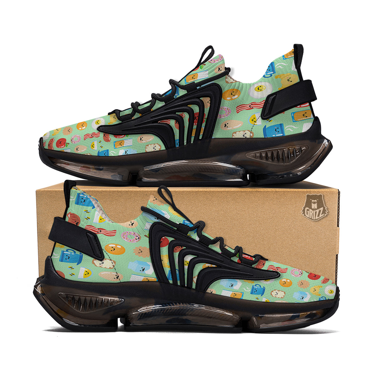 Breakfast Cartoon Print Pattern Black Gym Shoes-grizzshop