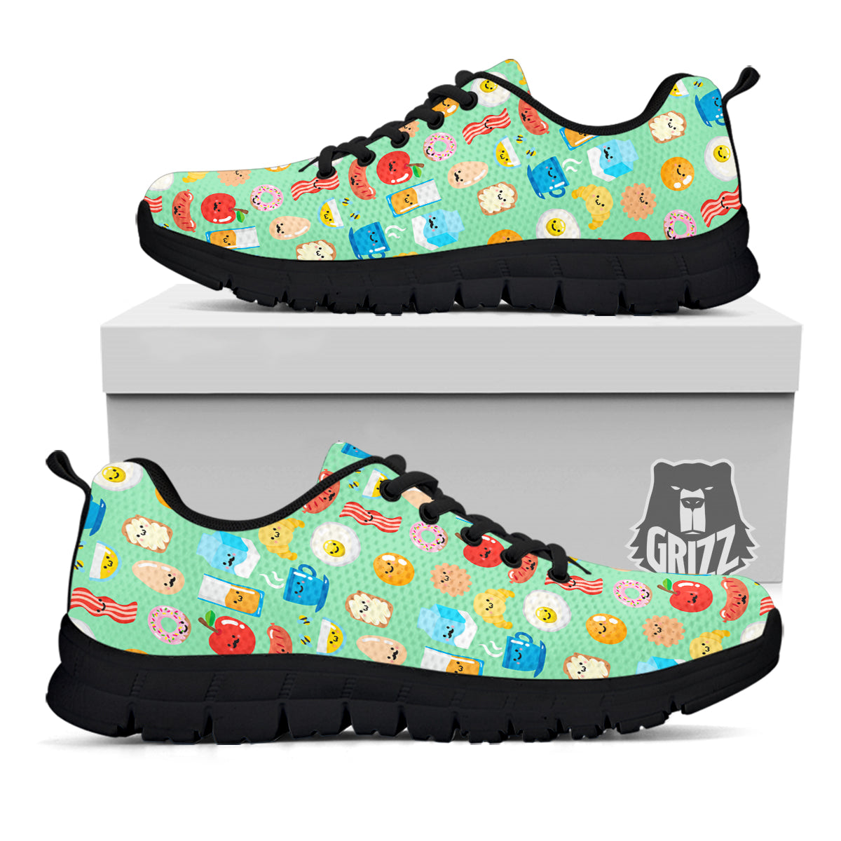 Breakfast Cartoon Print Pattern Black Sneaker-grizzshop
