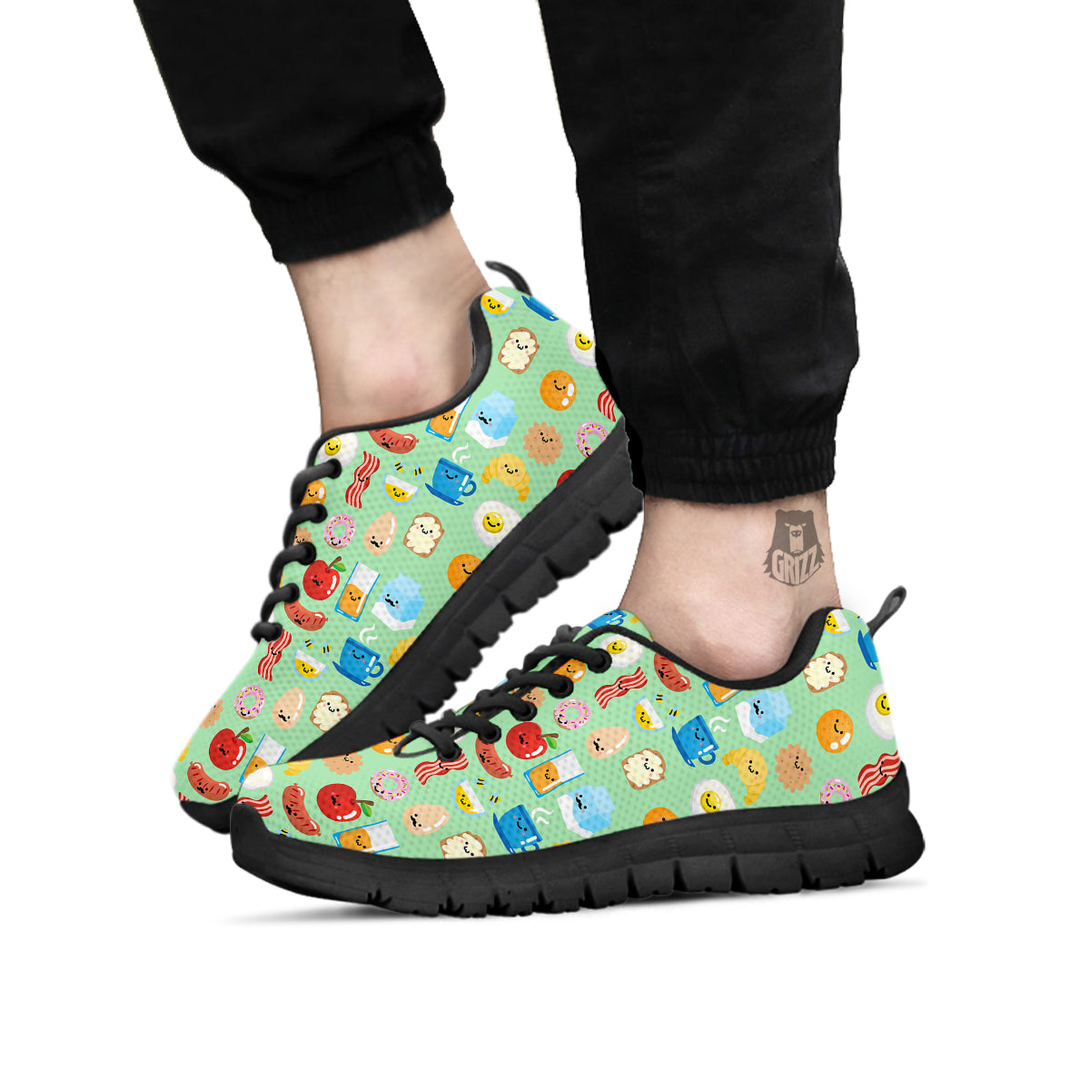 Breakfast Cartoon Print Pattern Black Sneaker-grizzshop